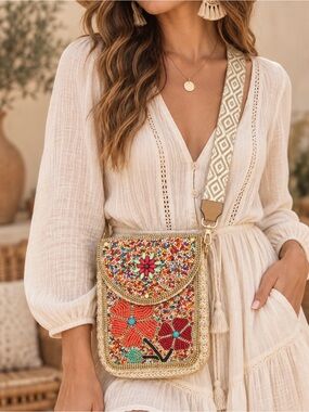 Boho Beaded Floral Crossbody Bag (090678) 🌼 ☀️